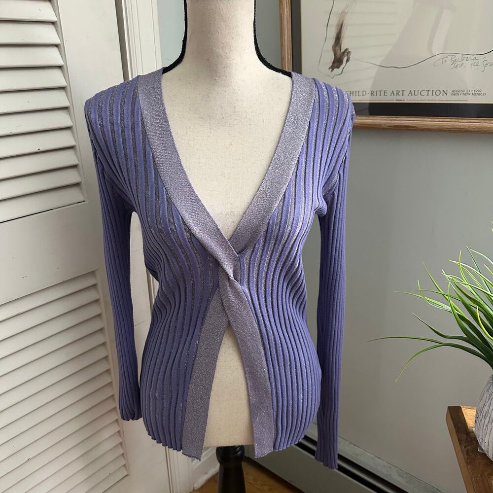 FOREVER 21 Sweater Womens Medium Metallic Purple Ribbed Knit Plunging V Holiday